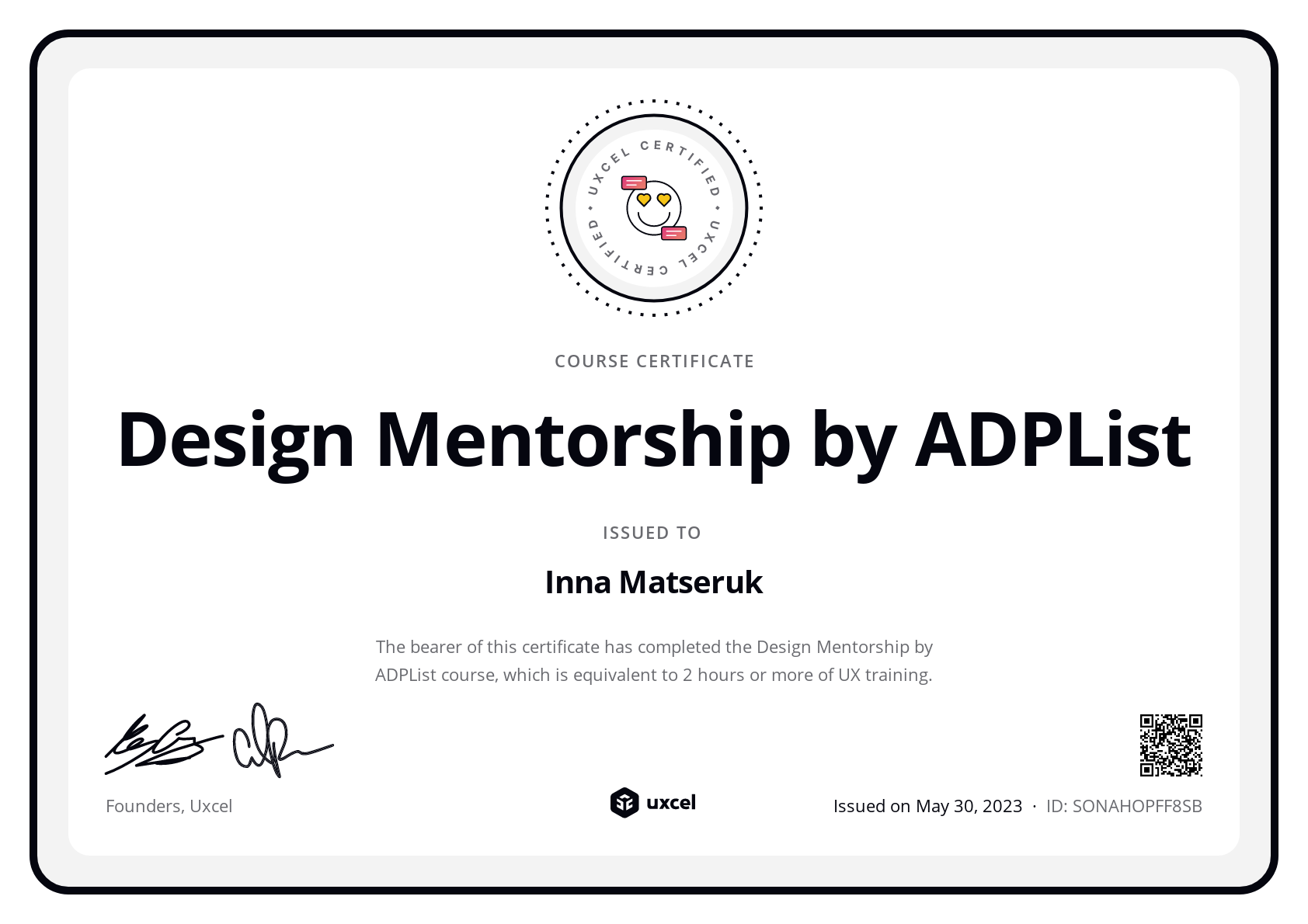 Inna Matseruk's certificate